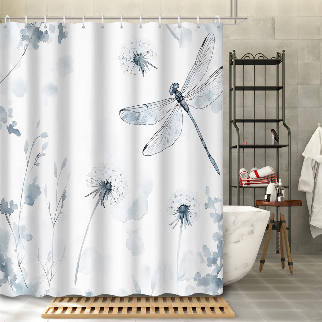 Elegant Dragonfly And Dandelion Waterproof Shower Curtain For Bathroom Decor, Adding A Touch Of Nature And Serenity
