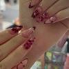 French Wine Red Press-On Nails with Petal Flowers - Trendy European and American Nail Art Tips