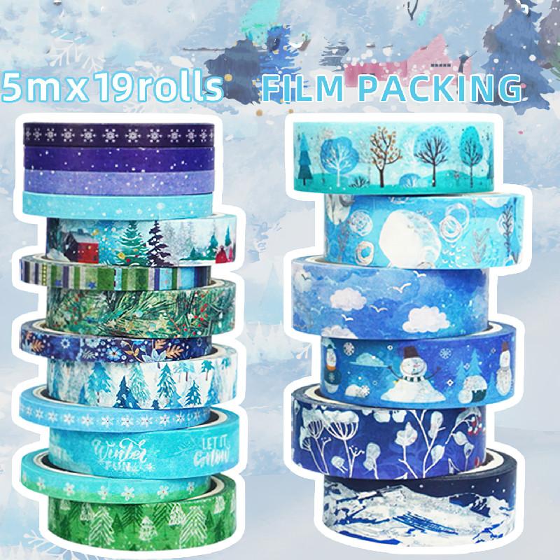 19pcs Winter Forest Washi Tapes Set 15mm*5m Blue Snow Gift Paper Adhesive Masking Tape Decoration Stickers