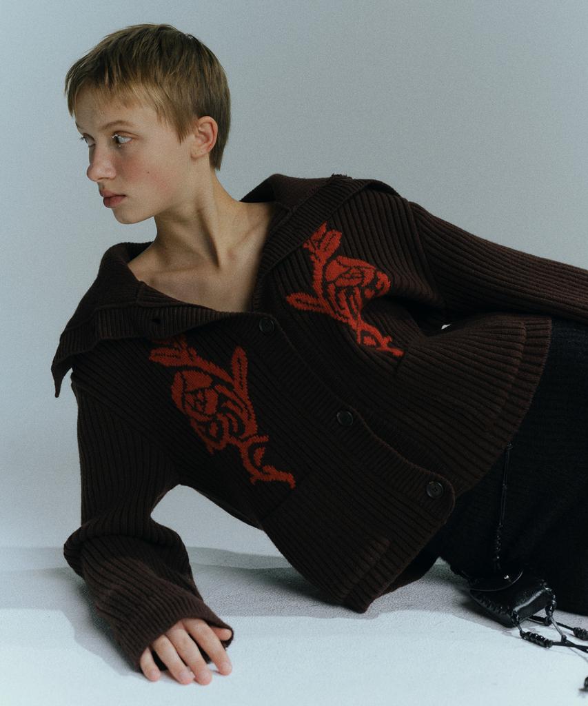 EN OR Marine Collar Jacquard Cardigan - Brown