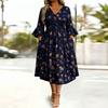Robe Fleurie Évasée Manches 3/4 pour Femme avec Décolleté en V et Taille Cintrée Plissée Croisée