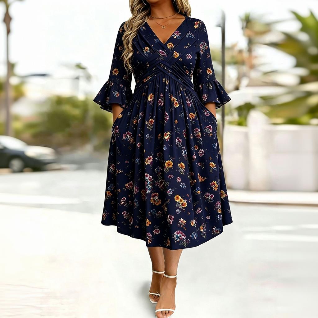 Robe Fleurie Évasée Manches 3/4 pour Femme avec Décolleté en V et Taille Cintrée Plissée Croisée