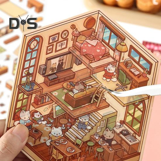 4Pcs DIY Scene Stickers 3D Miniature House Stickers Set Reusable Easy To Use DIY Projects Bookstore Scene Stickers
