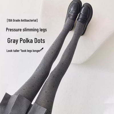 Women's Gray Polka Dot Fleece-Lined Leggings - Autumn/Winter Slimming Vertical Stripe Thickened Pantyhose