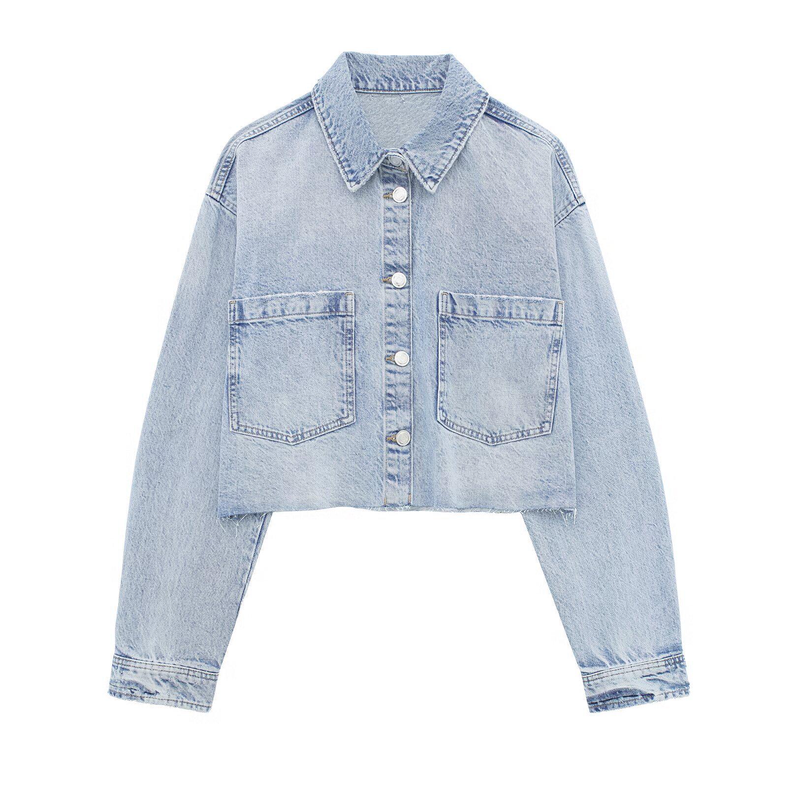 

Весна 2024 г. Женская джинсовая куртка светло-голубого цвета с необработанными краями и длинными рукавами L