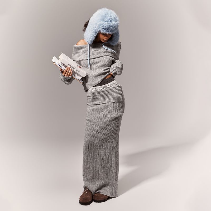 

Decodediva [Академия Игл Майяр] 2025 Свитер с серыми длинными рукавами и воротником с открытыми плечами, костюм с юбкой-футляром