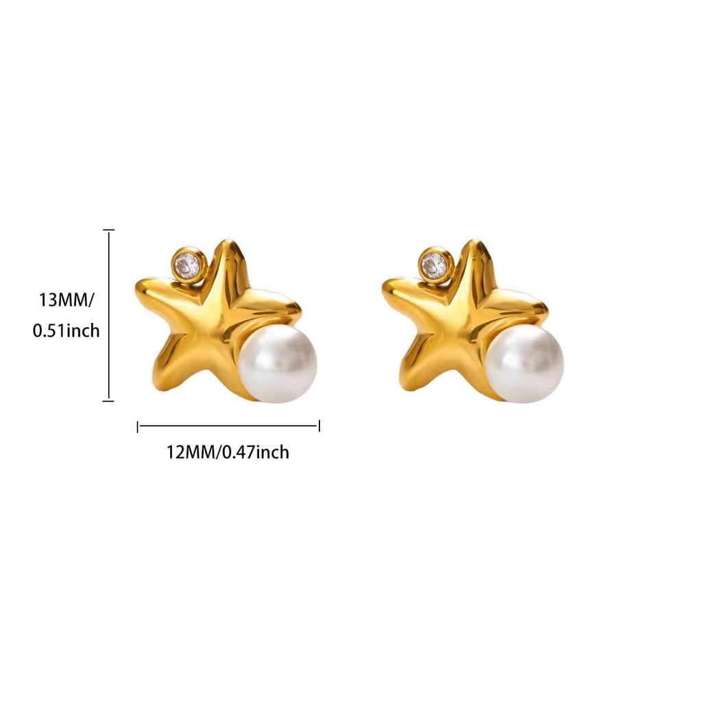 Cross Retro Pearl Temperament Earrings - 18K Gold Plated Stainless Steel with Diamond Inlaid Mother-of-Pearl Heart Bow Design