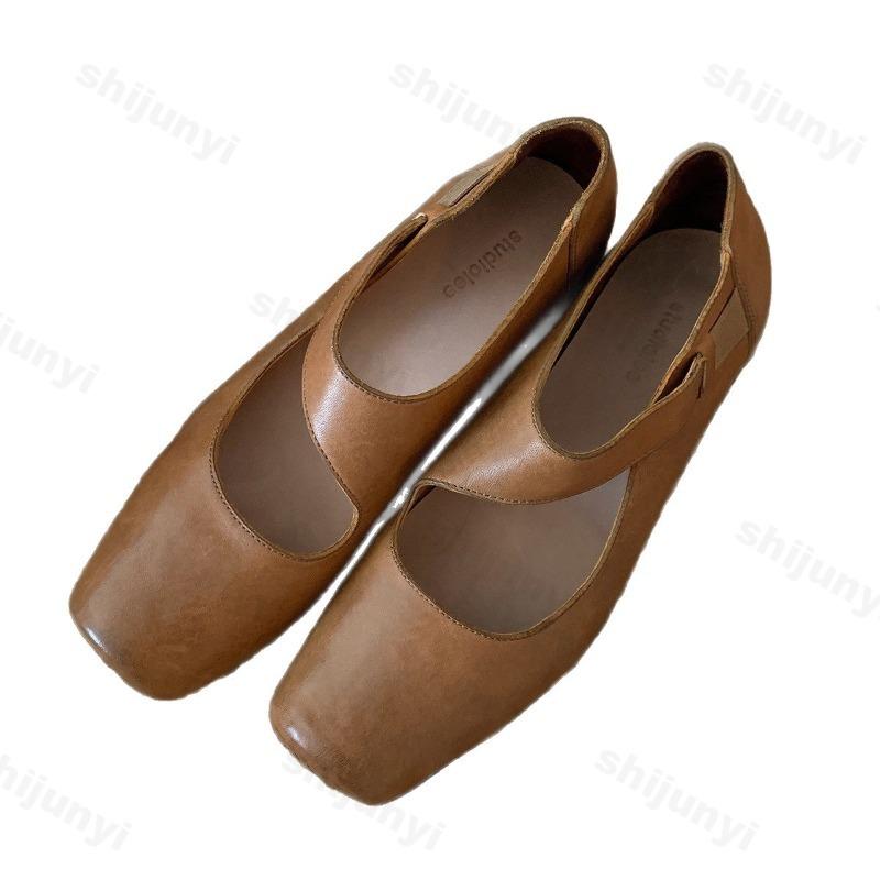 Woman's Mary Janes Shoes Spring New Comfortable Soft Elastic Band Square Toe Chunky Heel High Heels Fashion Slip on Ballet Shoes