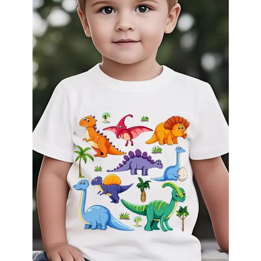 Dinosaur Boys' T-Shirt Colorful Cartoon Print Summer Short Sleeve Tops Fashion Pullover Tees Outdoor Casual Children's Clothing