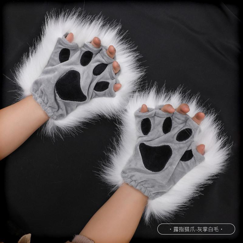 Harajuku Women Girls Plush Animal Claw Gloves Half Finger Wolf Cat'S Paw Gloves Halloween Lolita Cosplay Anime Set Accessories