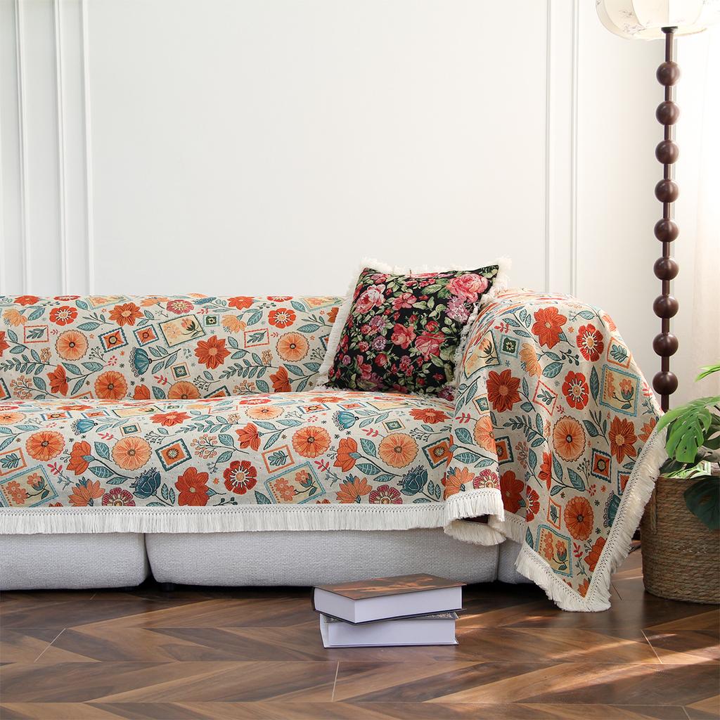 Lake Blue Jacquard Floral Sofa Cover Towel Anti-Cat Scratch Retro Festival Multifunctional Sofa Blankets Universal Sofa Cover