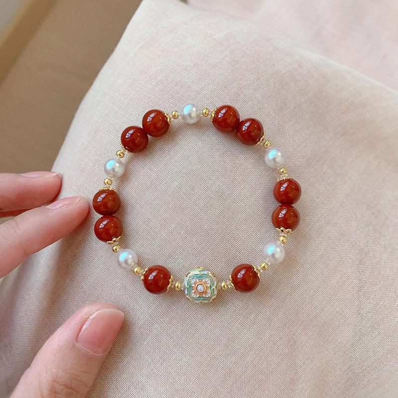 Handmade Red Crisp & Moon Amber Bracelet, New Chinese National Style Women Jewelry, Travel Souvenir