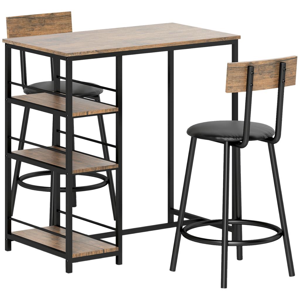 3-Piece Dining Set with Bar Table and 2 Chairs, Small Kitchen Set with Side Shelves, MDF, Metal, Black