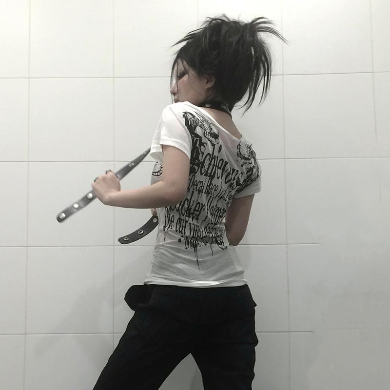 VAYLA Grunge Aesthetics Tattoo Print T-shirt Trashy 2000s Style Letter T Shirt Japanese Y2k White Sheer Tops Gothic Vintage