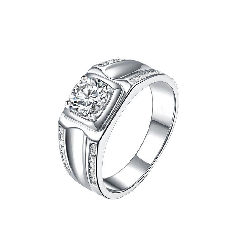Men's Double Row Moissanite Ring: Sterling Silver, White Gold-Plated, 1 Carat Simulated Diamond with Certificate