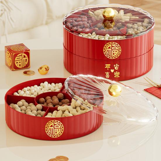 Jednowarstwowa/Dwuarstwowa/Trójwarstwowa Dzielona Taca Serwowania z Pokrywką Miska Serwowania na Chiński Nowy Rok Dekoracyjna Miseczka na Deser Taca na Przekąski na Festiwal Wiosny