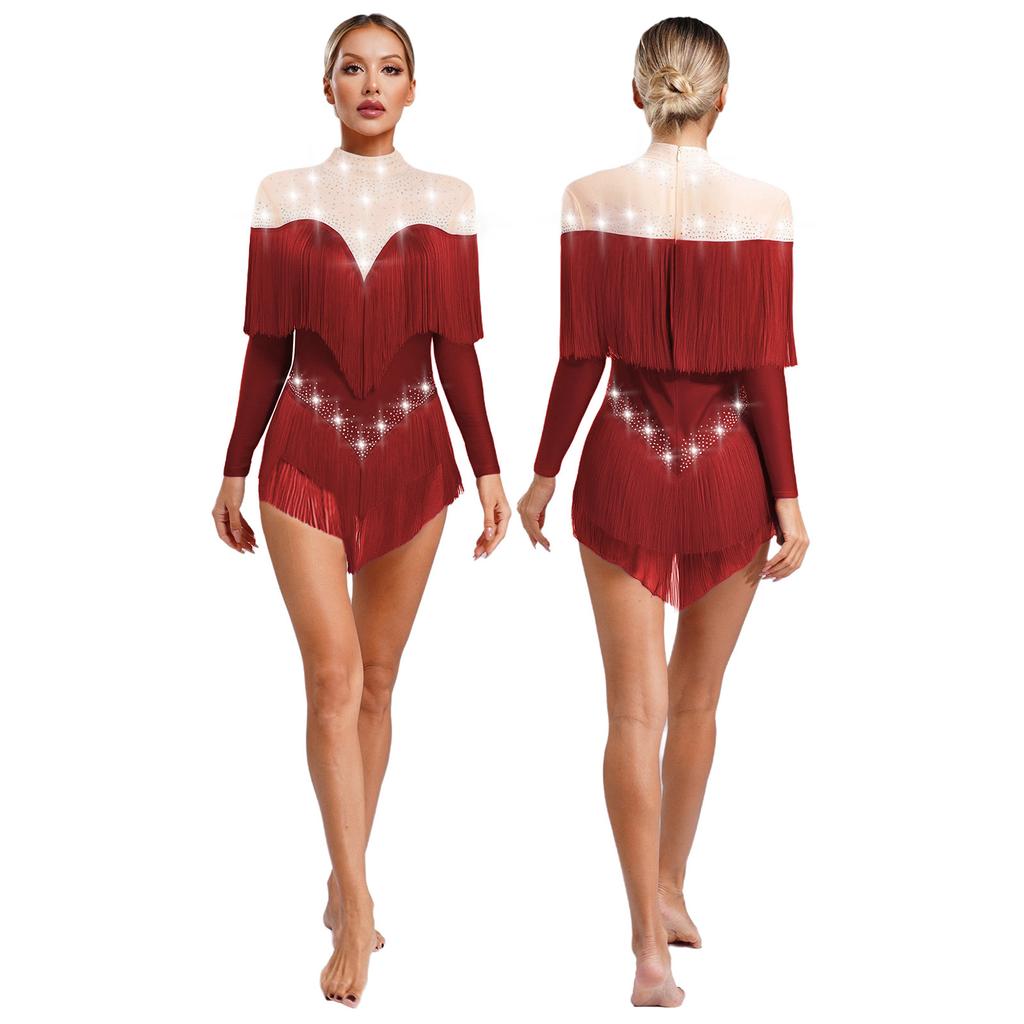 Stage Dance Bodysuit for Women - Latin Style with Tassels, Shiny Rhinestones & Sheer Mesh Long Sleeve Design