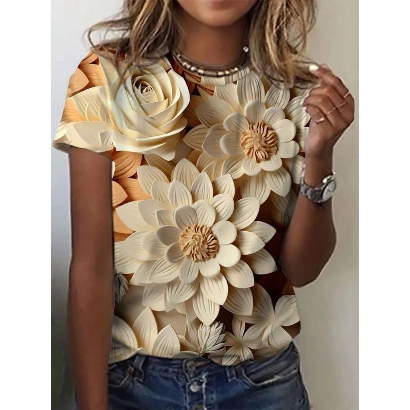 Women s round-neck floral print T-shirt with pockets S