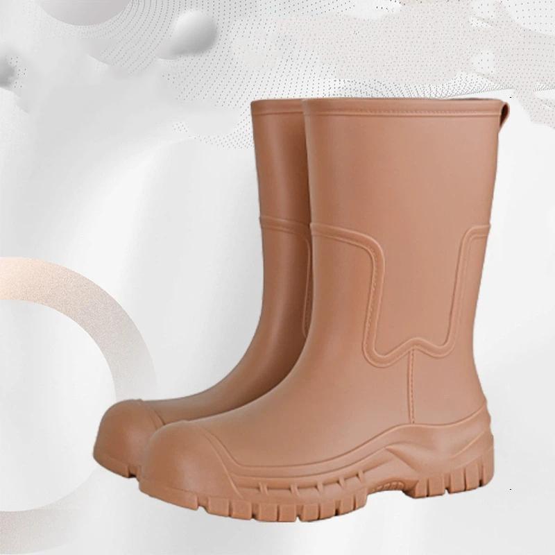Mid Calf Rain Boots Seamless Waterproof PVC Rubber Wellies Anti Slip Thick Sole Outdoor Garden Work Rain Shoes