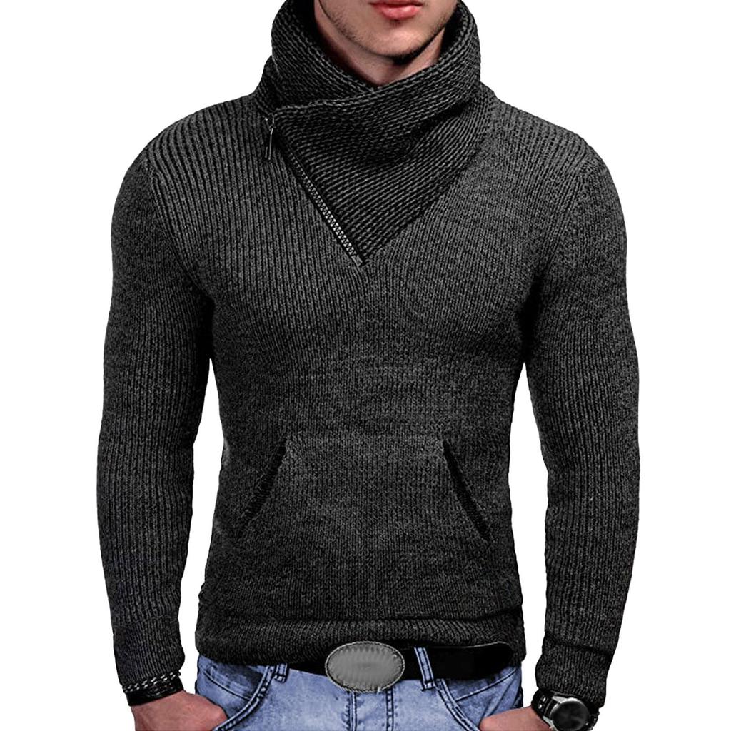Men's Casual Solid-color Patchwork Style Long-sleeved Sweater, Men's High-neck Pocket Knitted Sweater