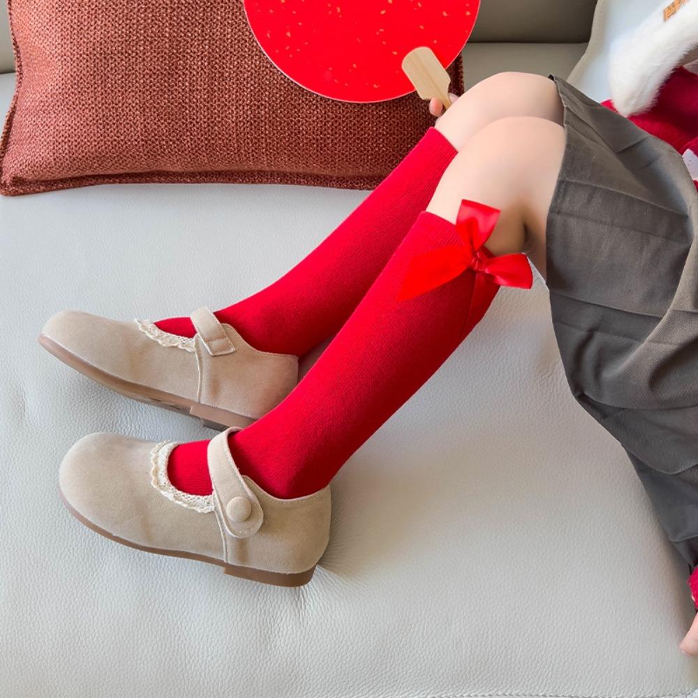 MidTube Bow Hosiery for Kids Cotton Children Long Socks Sleeping New Year Red Socks  Autumn