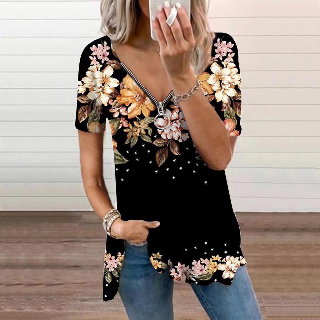 Women's Top Summer New Fashion Orange Peach Blossom Printed Casual Zipper V-neck Short Sleeve Top