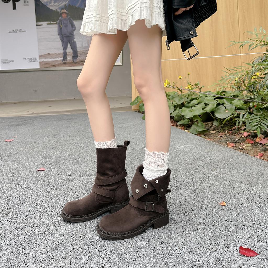 Height increase.cm~ Maillard thick heel thick bottom buckle strap suede high heel short boots women's autumn Martin boots