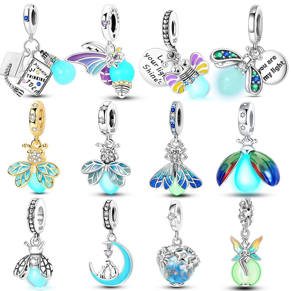 925 Silver Glow in the dark Firefly Honeybee Star Charms Beads Fit 925 Original Bracelets Fine DIY Jewelry Gift Women