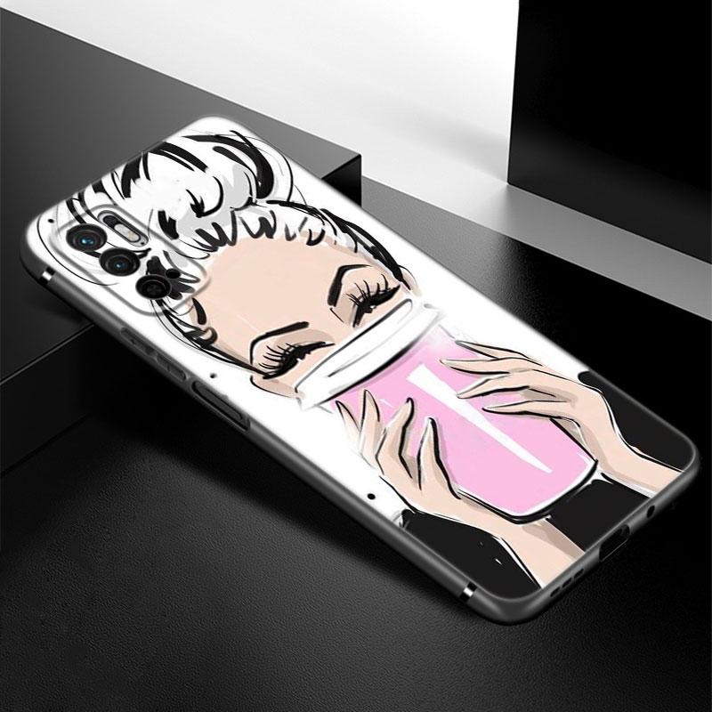 Girl Coffee Female Phone Case For Xiaomi Redmi Note 7 8 9 10 Lite 11 11E 11T 12 Pro 11S 4G 10T 5G 8T 9S 10S Soft TPU Black Cover
