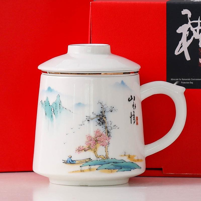 Guochao Style Ceramic Teacup with Filter - Chinese Tea & Water Separation, Customizable Logo for Office Gift