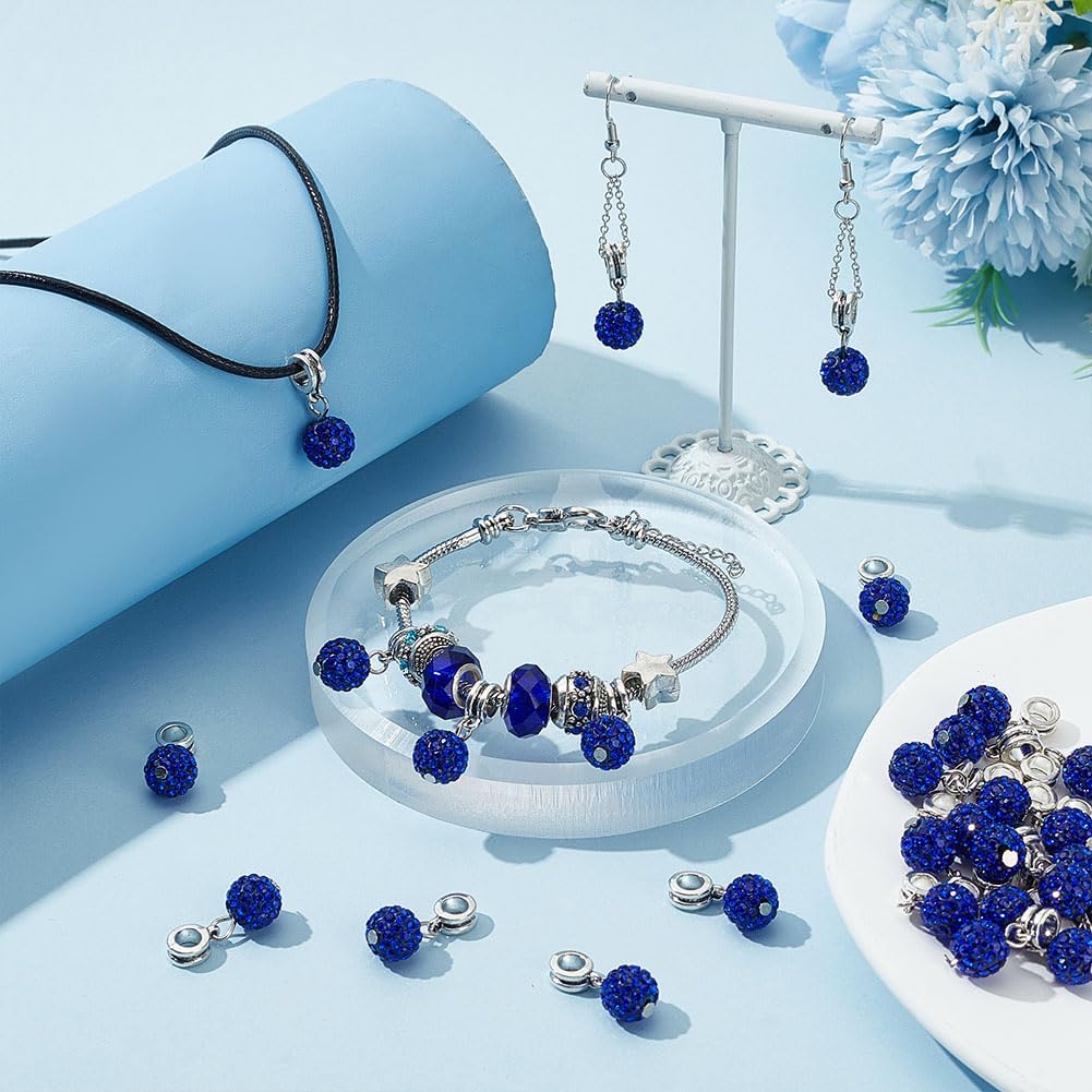 PH PandaHall 30pcs Dangle Pendant Charms, 10mm Blue Rhinestone Bead Dangle Charms European Dangle Bead 5mm Large Hole Spacer Beads Bails Connector