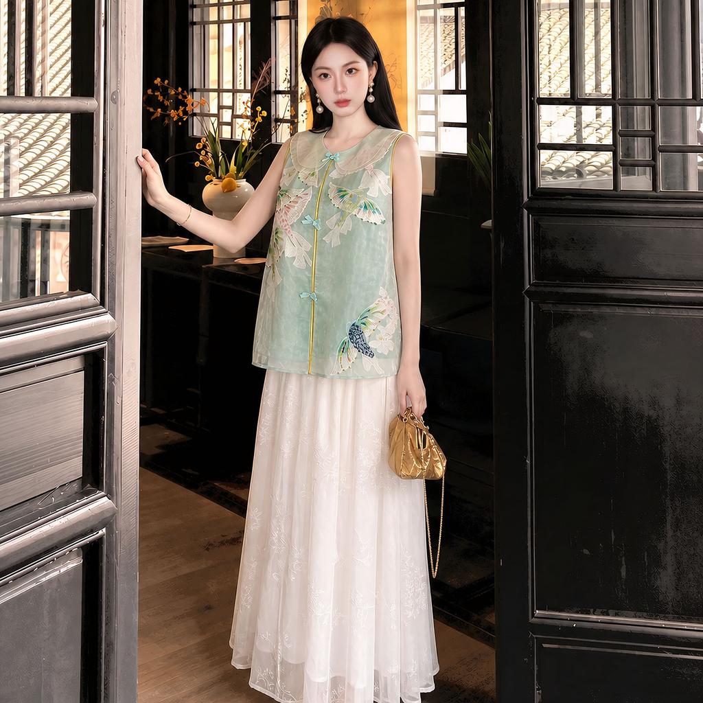 Summer Elegant New New Chinese Style Heavy Craft Embroidery National Style Sleeveless Design Vest + Skirt Set for Women P1111