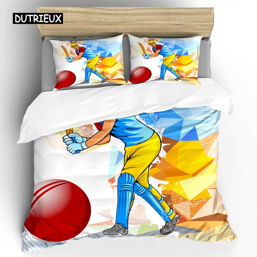 Cricket Duvet Cover Set Abstract Sports Pattern Bedding Set Microfiber Player Playing Game of Cricket Double Queen Quilt Cover