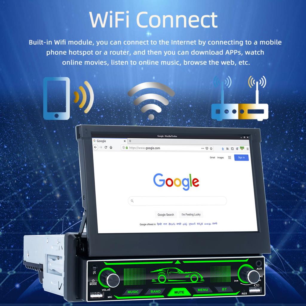 7 Zoll HD Wireless Android Auto CarPlay 1Din Video Multimedia Android MP5 Player Versenkbarer Bildschirm Spiegel Link Auto BT/FM/USB/AUX