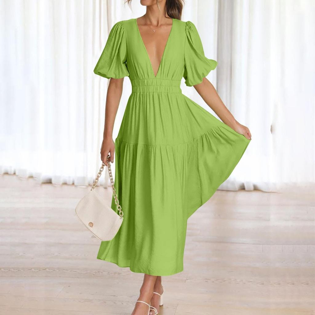 Puff Sleeve Vacation Dress For Women Summer Deep V Neck Casual Short Sleeve A-Line Maxi Dresses
