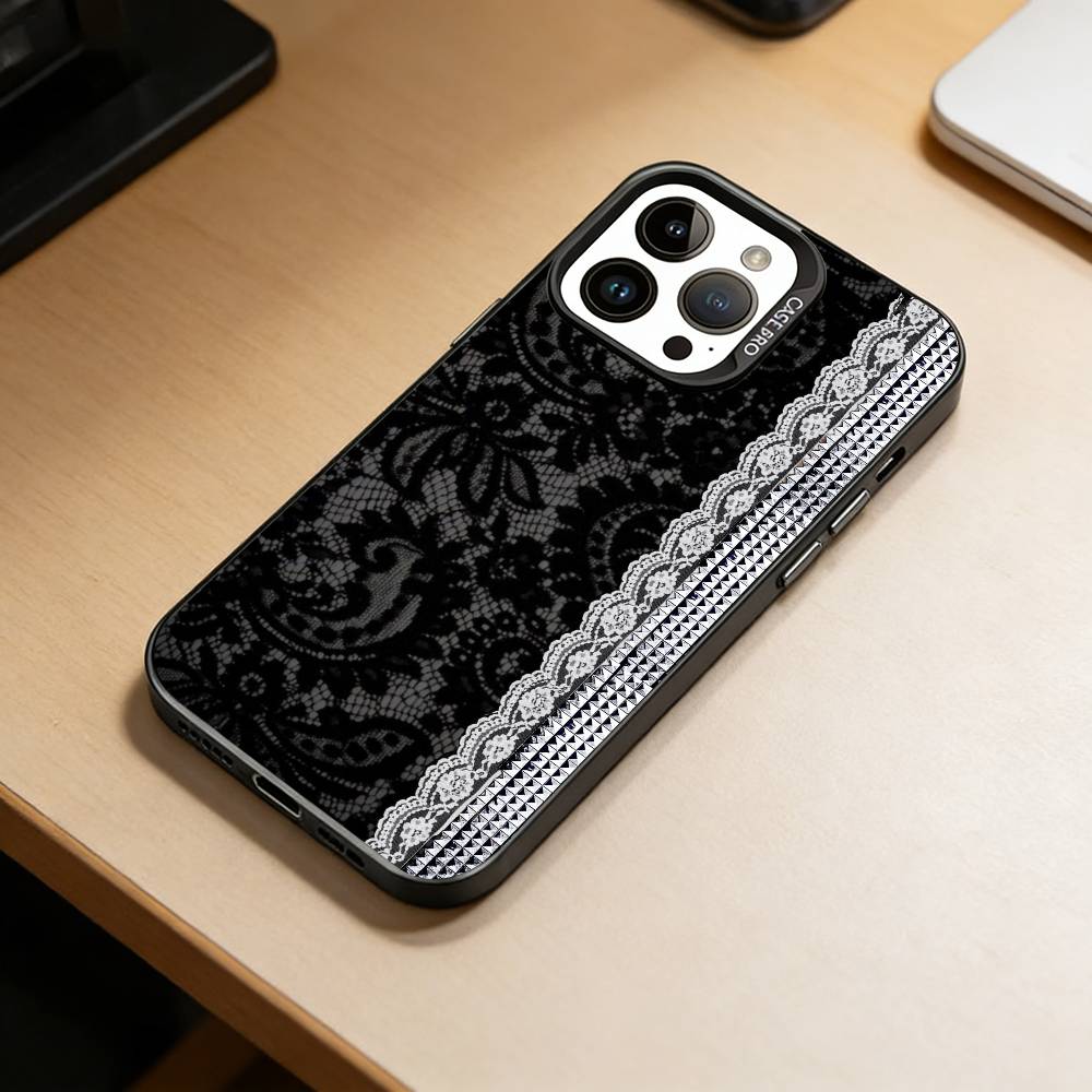 Elegant black lace print design Phone Case For iPhone 17,16,15,14,13,12,11 Plus,Pro Max,XS,Colorful Silver Black Cover