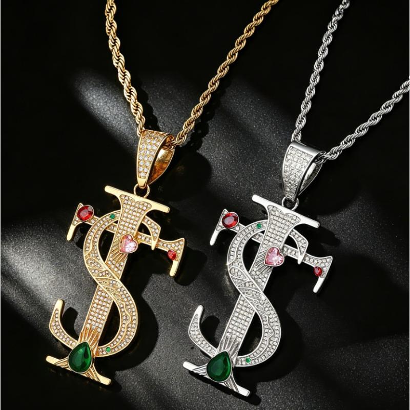 European and American Style Copper Inlaid Zircon TS Cross Pendant, Ai Zhiheng's Same Mixed Color Zircon Trendy Hip-hop Accessory Accessory