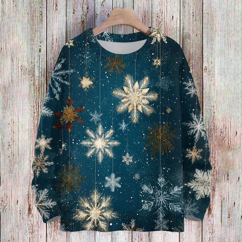 Ladies' Fashionable And Casual Christmas Cute Printed Round Neck Long Sleeved Knitted Yarn