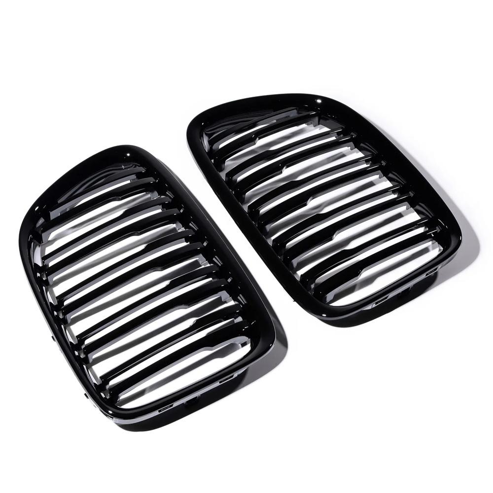 2Pcs Car Grille Double Line Front Bumper Kidney Grille Compatible For E84 X1 18i 20i 25i 28i 2009-2015 Auto Accessories