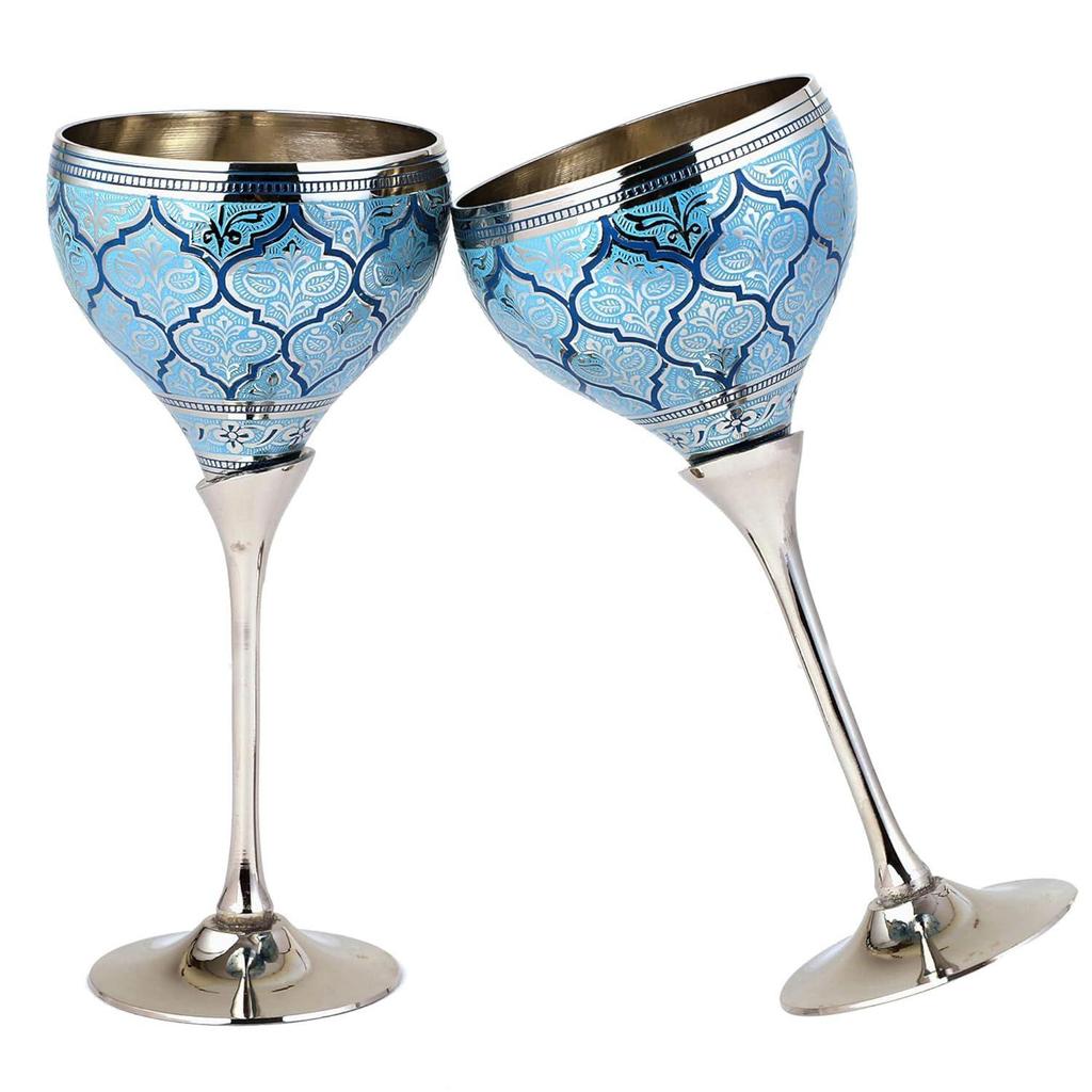 Glasses, Metal Goblet, Champagne Flutes, Diwali, Wedding Anniversary Gift for Couple Marriage, Corporate Clients - Set of 2, Blue Saucer Design