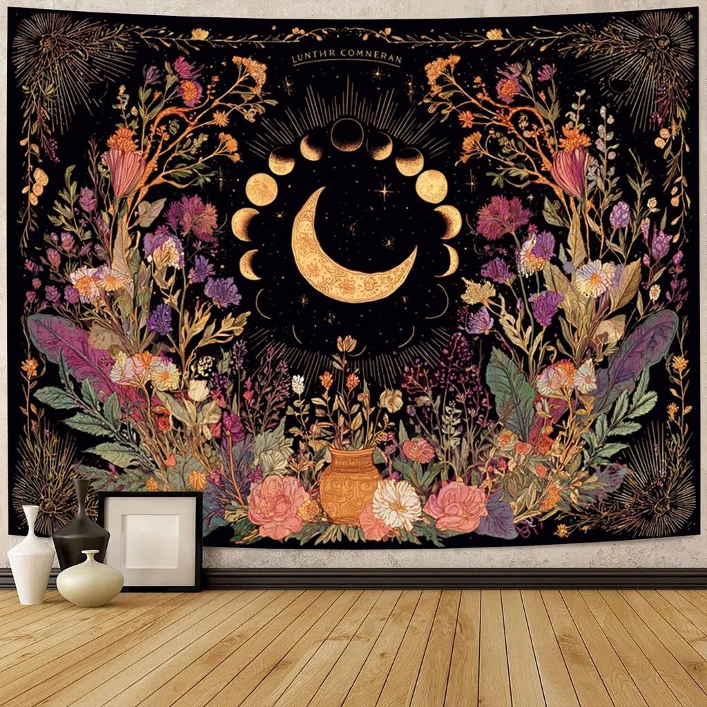 Aesthetic Boho Witchy Celestial Moon Floral Tapestry Boho Cottagecore Wall Hanging Decor Art Print Gothic Autumn Room Poster