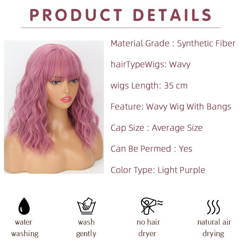 MISSQUEEN Helllila Farbe Kunstfaser schulterlange natürliche gewellte Perücke mit Pony Cosplay Alltagskleidung Mode kurze gewellte Perücke