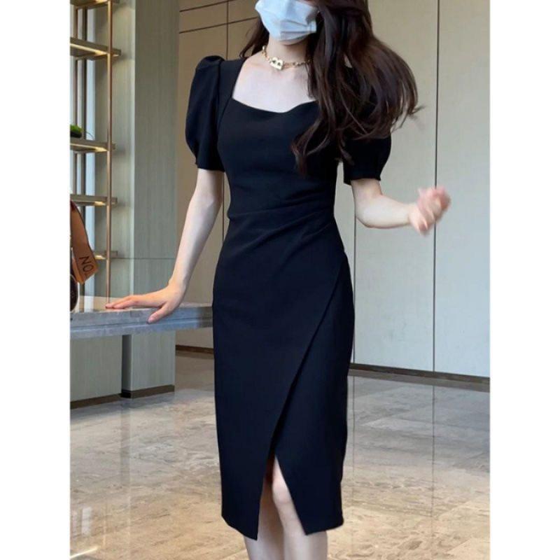 Корейская версия элегантное платье с квадратным вырезом летний новый дизайн с пышными рукавами средней длины с разрезом по бедру M