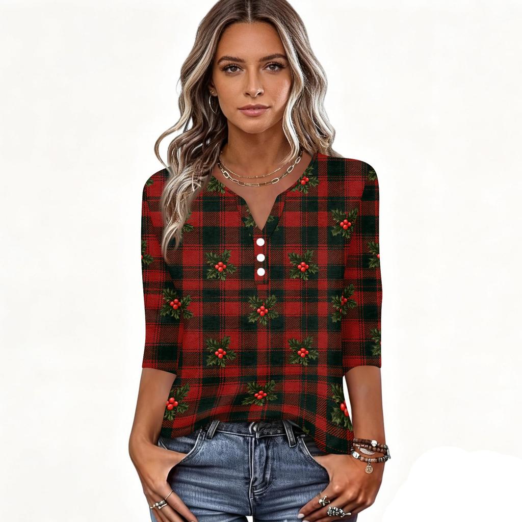 Women's Christmas Print V-Neck T-Shirt with Button Three-Quarter Sleeve Casual Top