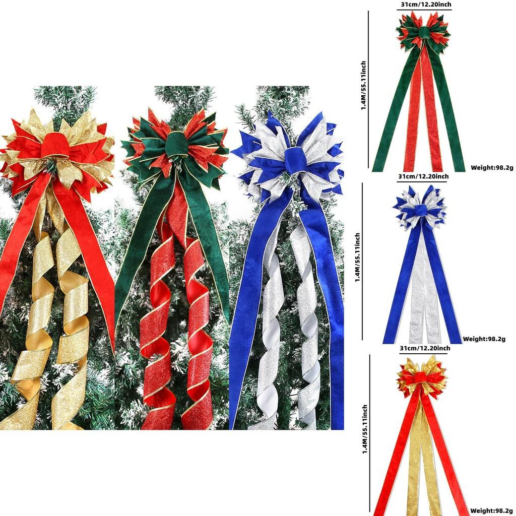 Fabric Beautiful Large Bow For Christmas Tree Topper In Silver Blue Color Option