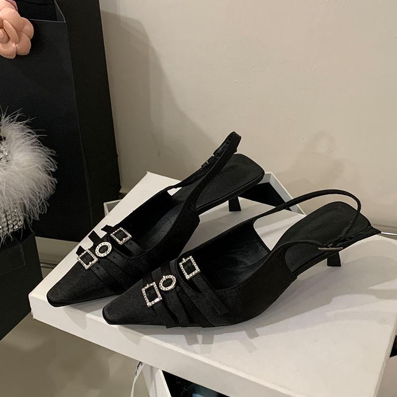 

Fashion Fashion Silk Women Medium Heels Pumps Shoes Female Pointed Toe Footwear Shallow Ladies Thin Heels Sandals Shoes 35 чёрный