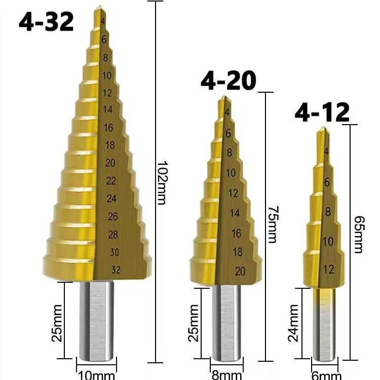 6-Piece Titanium Coated Serrated Step Drill Bit Set - Rustproof, Durable, High-Efficiency Twist Hole Opener.