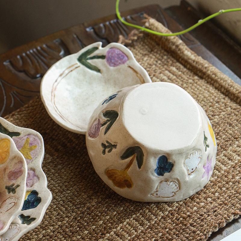 Retro Coarse Pottery Hand-Squeezed Ceramic Tableware Household Creative Japanese Flower Salad Bowl Dessert Plate Plate Combination