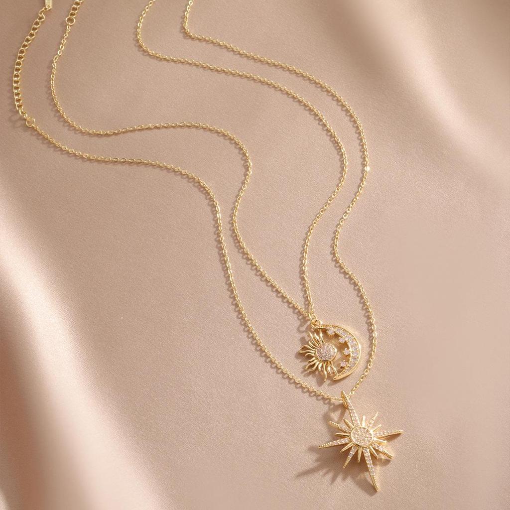 Women's Trendy 2-Piece Gold Sun and Moon Pendant Necklace Set