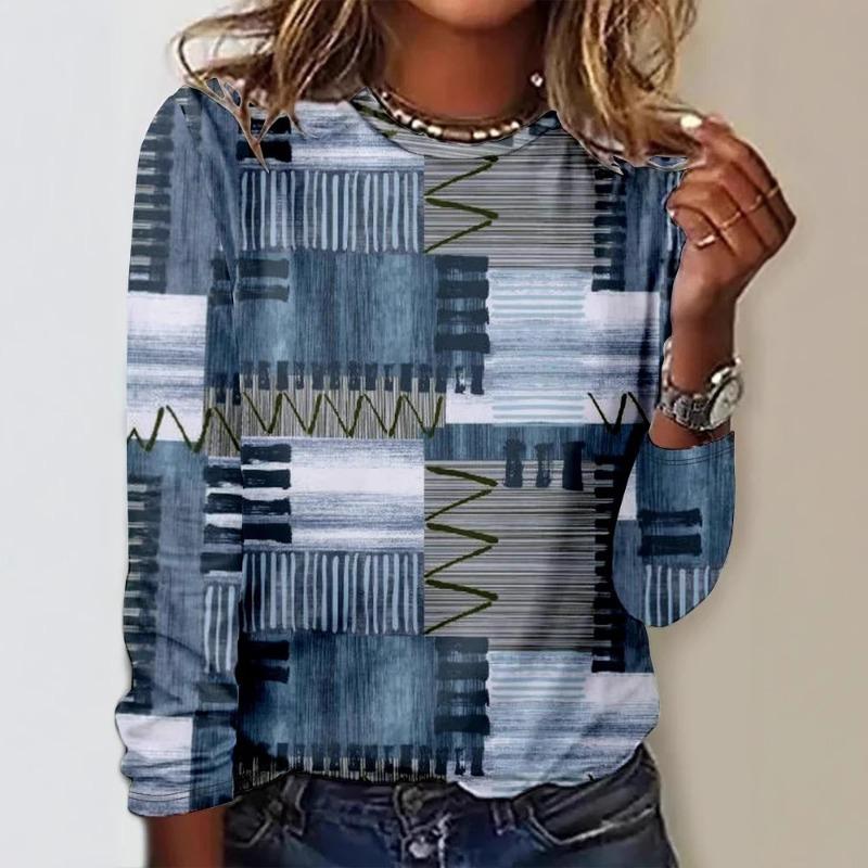 T-shirt z nadrukiem kwiatowym, blokowany kolorystycznie, z okrągłym dekoltem, na wiosnę i jesień, casualowy top z długim rękawem do noszenia damskiego, T-shirty